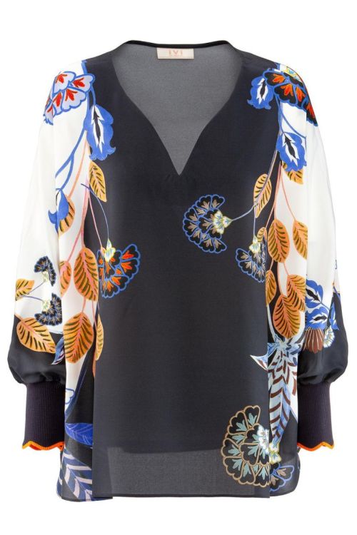 Ivi Collection Blouse Silk V Printed Leaves (25301018-276) - UNO Knokke
