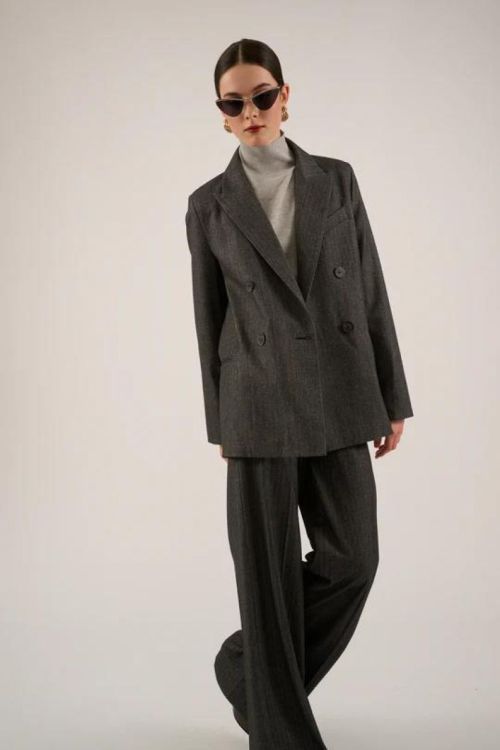 Oscar the collection Pant Wide Herringbone (LUCY-SHADOWGREY ) - UNO Knokke