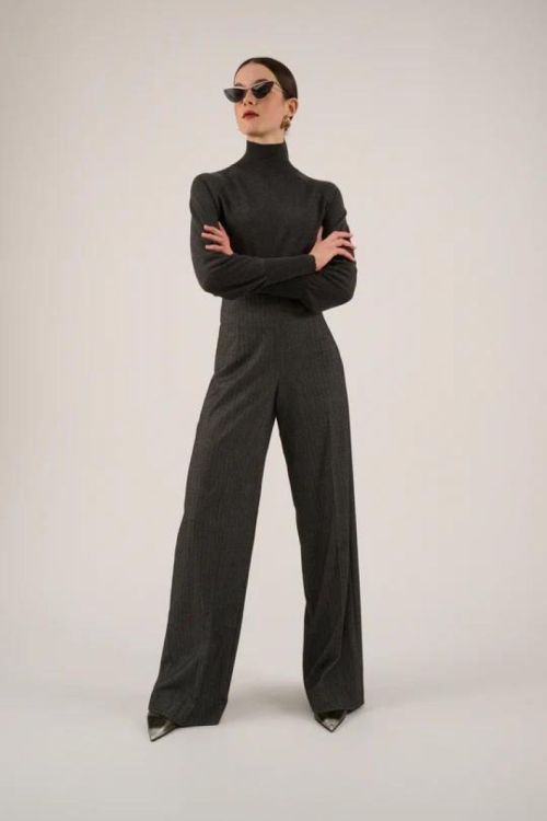Oscar the collection Pant Wide Herringbone (LUCY-SHADOWGREY ) - UNO Knokke